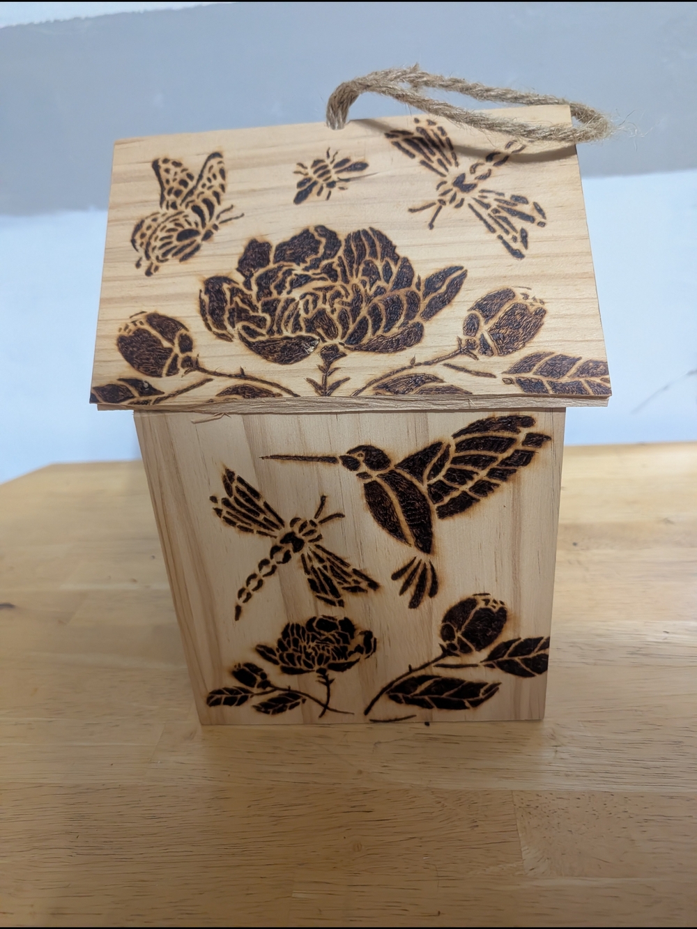 Wooden Decorative House Box with Hummingbird and Floral Pyrography - Natural